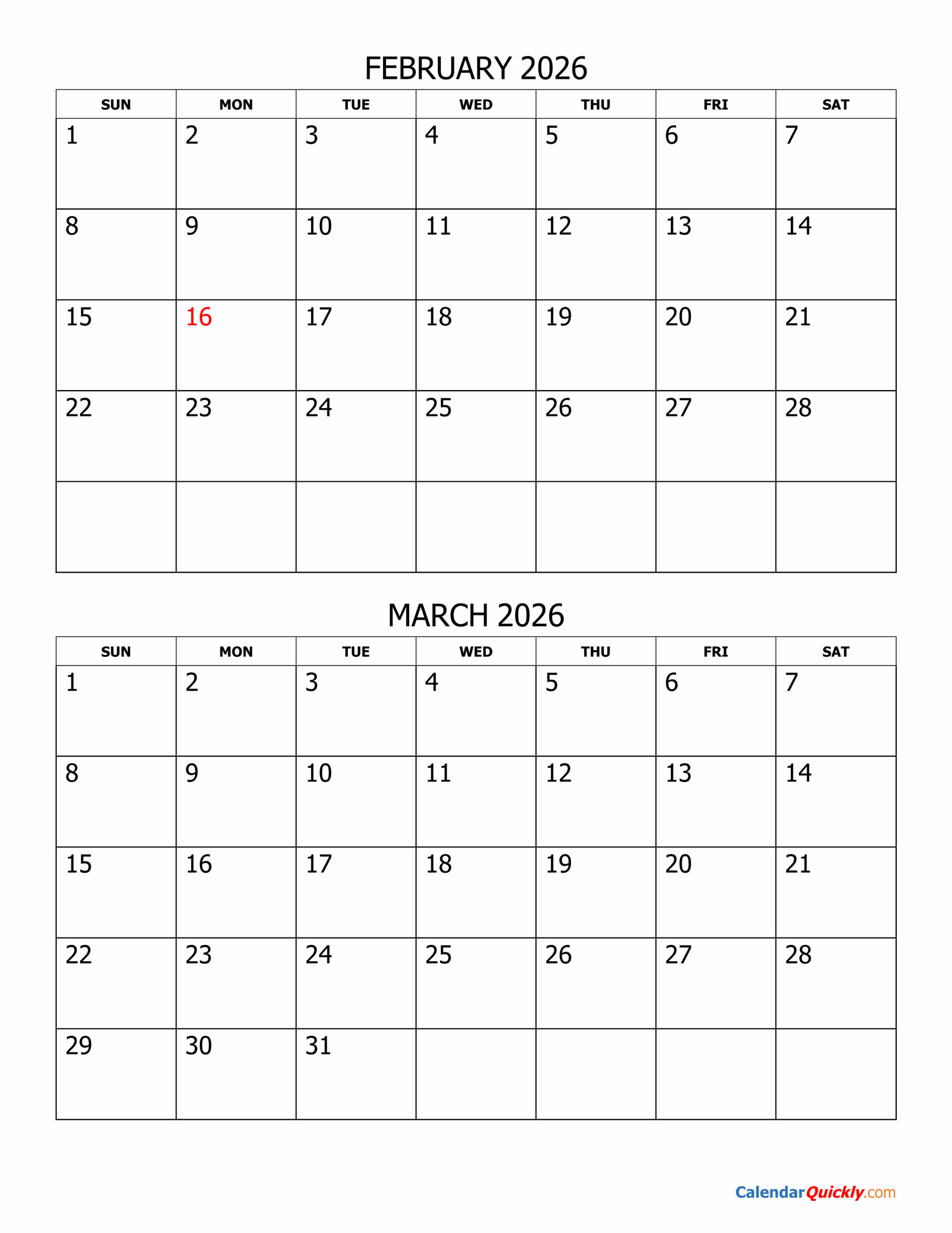 February And March 2026 Calendar Calendar Quickly