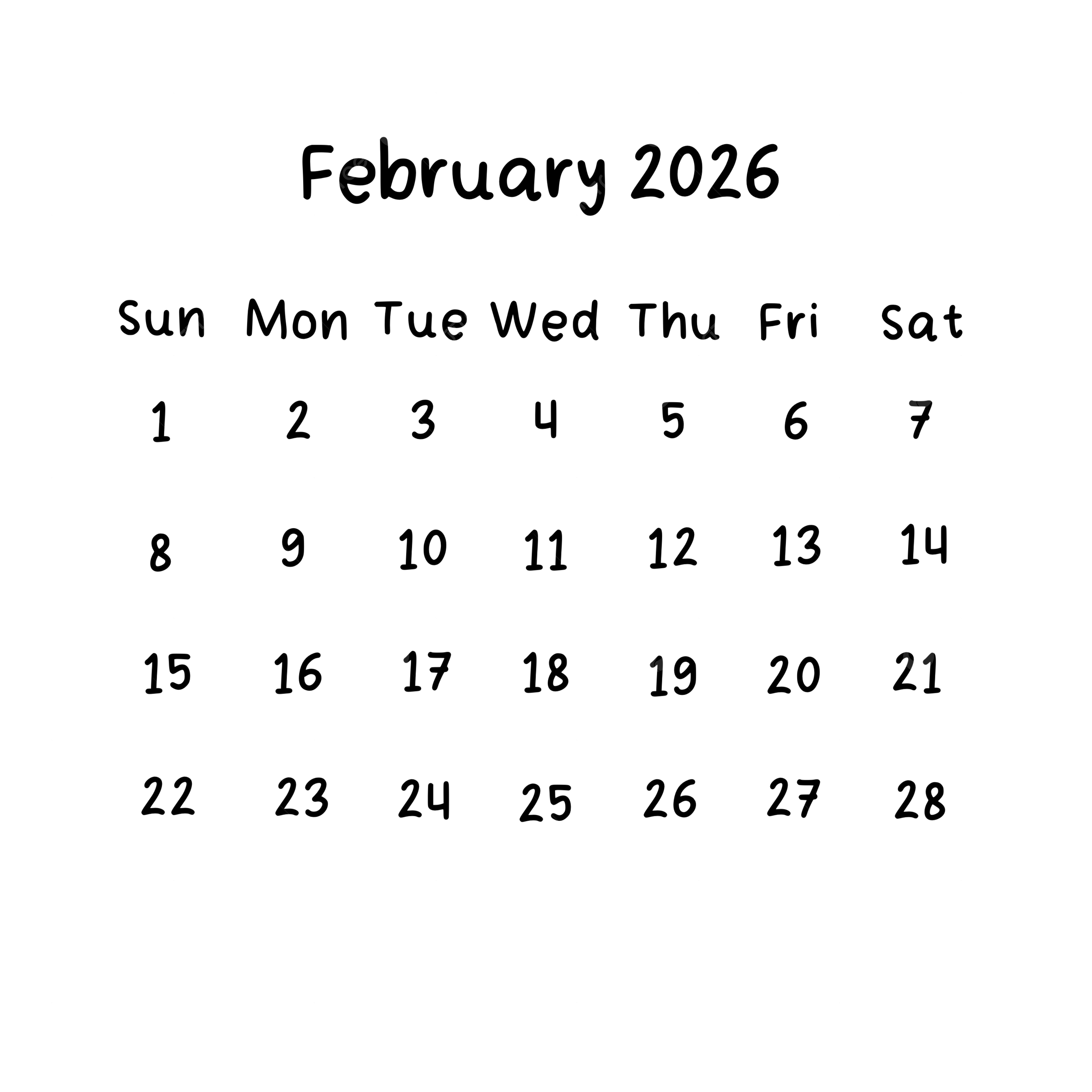 February Monthly Calendar 2026 In Black Color February 2026 Calendar PNG Transparent Clipart Image And PSD File For Free Download