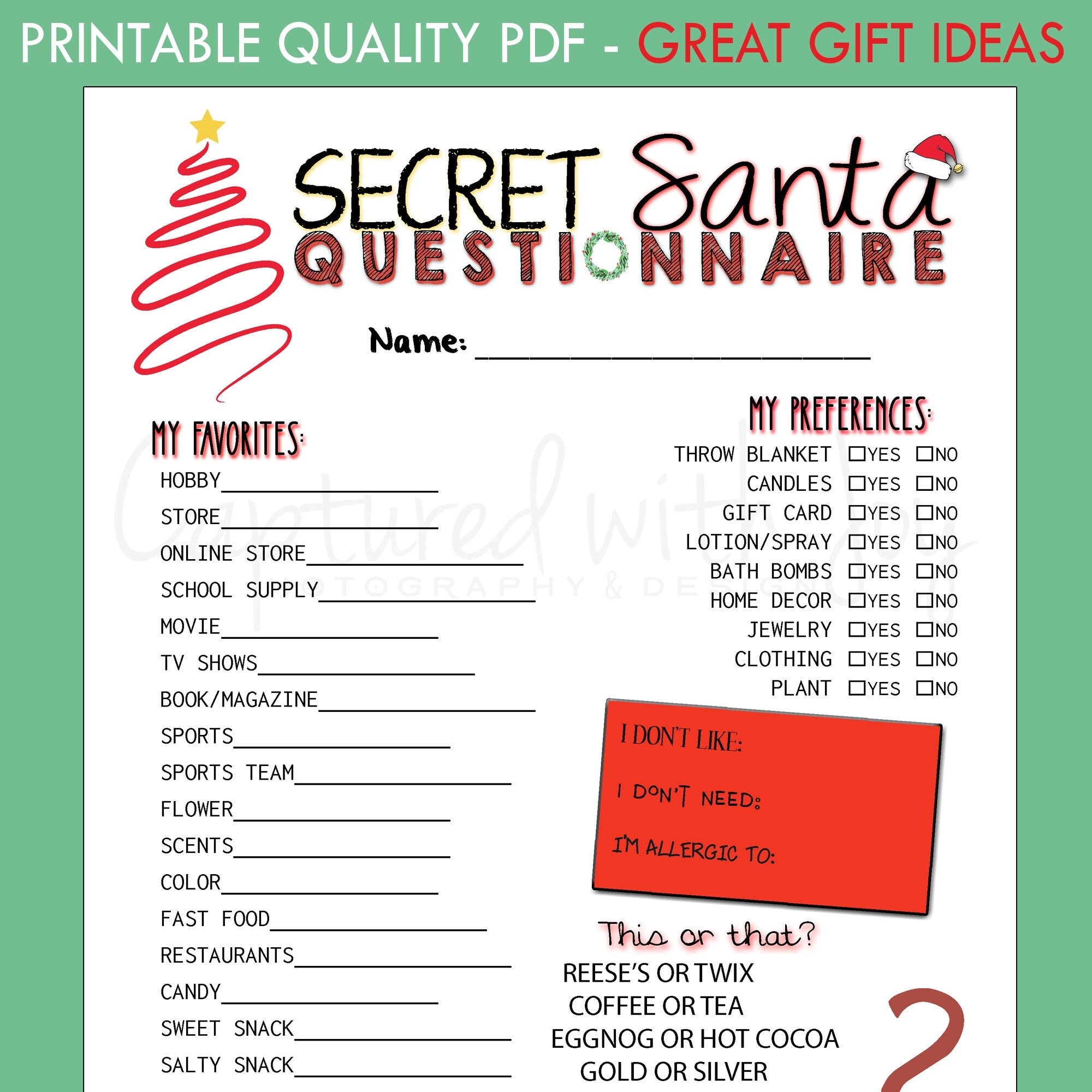 FILLABLE Printable PDF Secret Santa Questionnaire For Gift Exchange Work Or Personal 