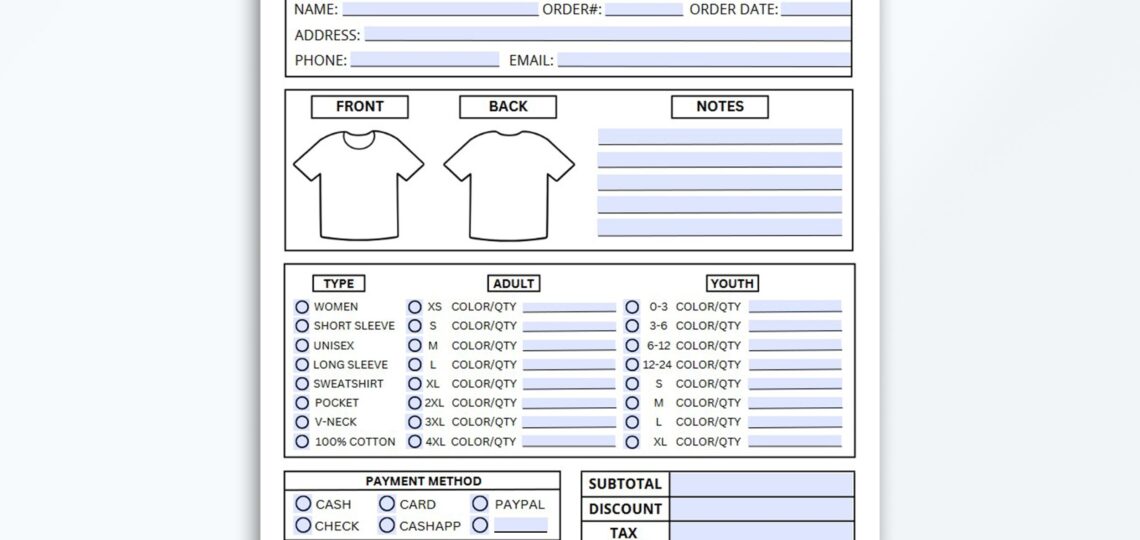 Fillable T shirt Order Form Template Editable Shirt Order Form