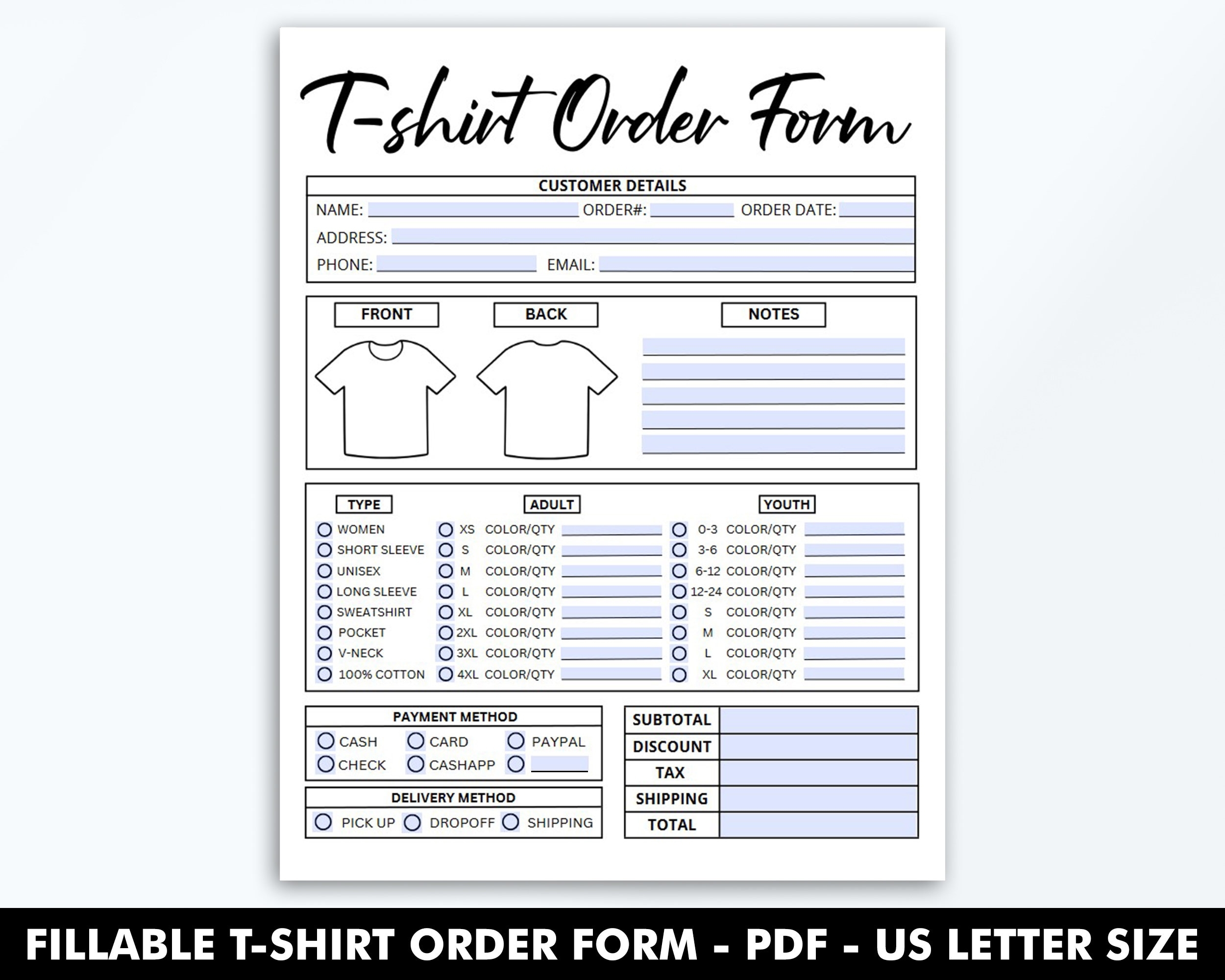 Fillable T shirt Order Form Template Editable Shirt Order Form 