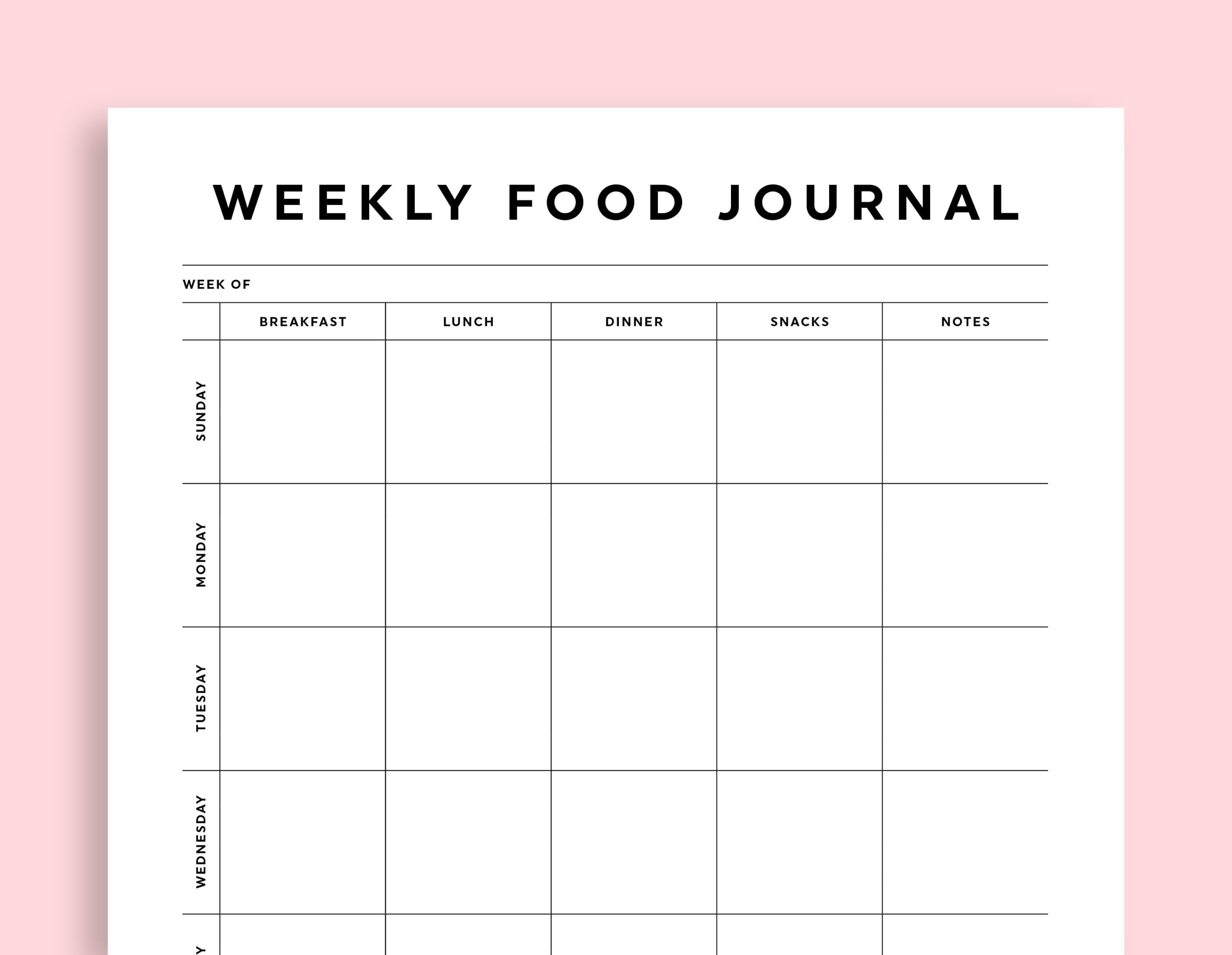 Food Journal Template Weekly Food Diary Printable Sunday monday  Food Journal Template Weekly Food Diary Printable Sunday monday