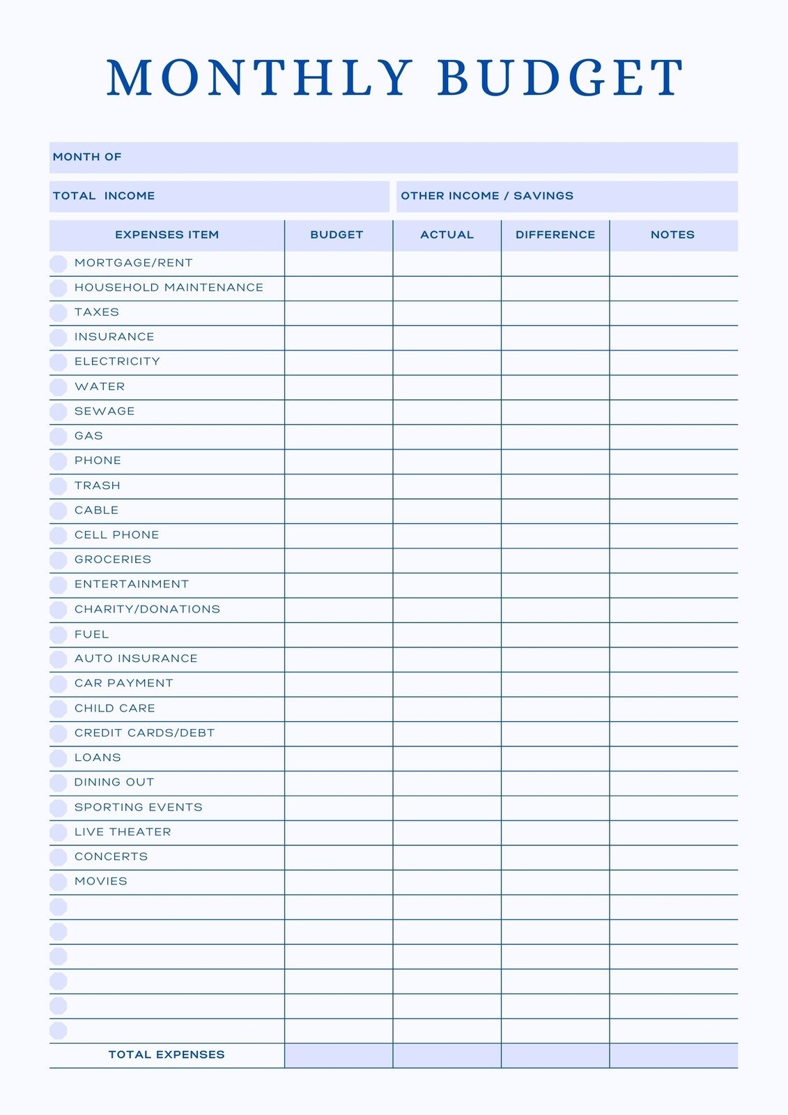 Printable Blank Monthly Budget Template