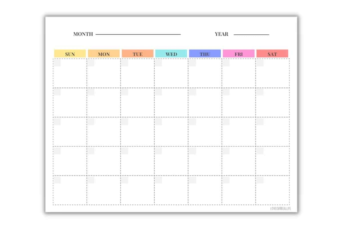 Blank Monthly Calender Printable Any Month