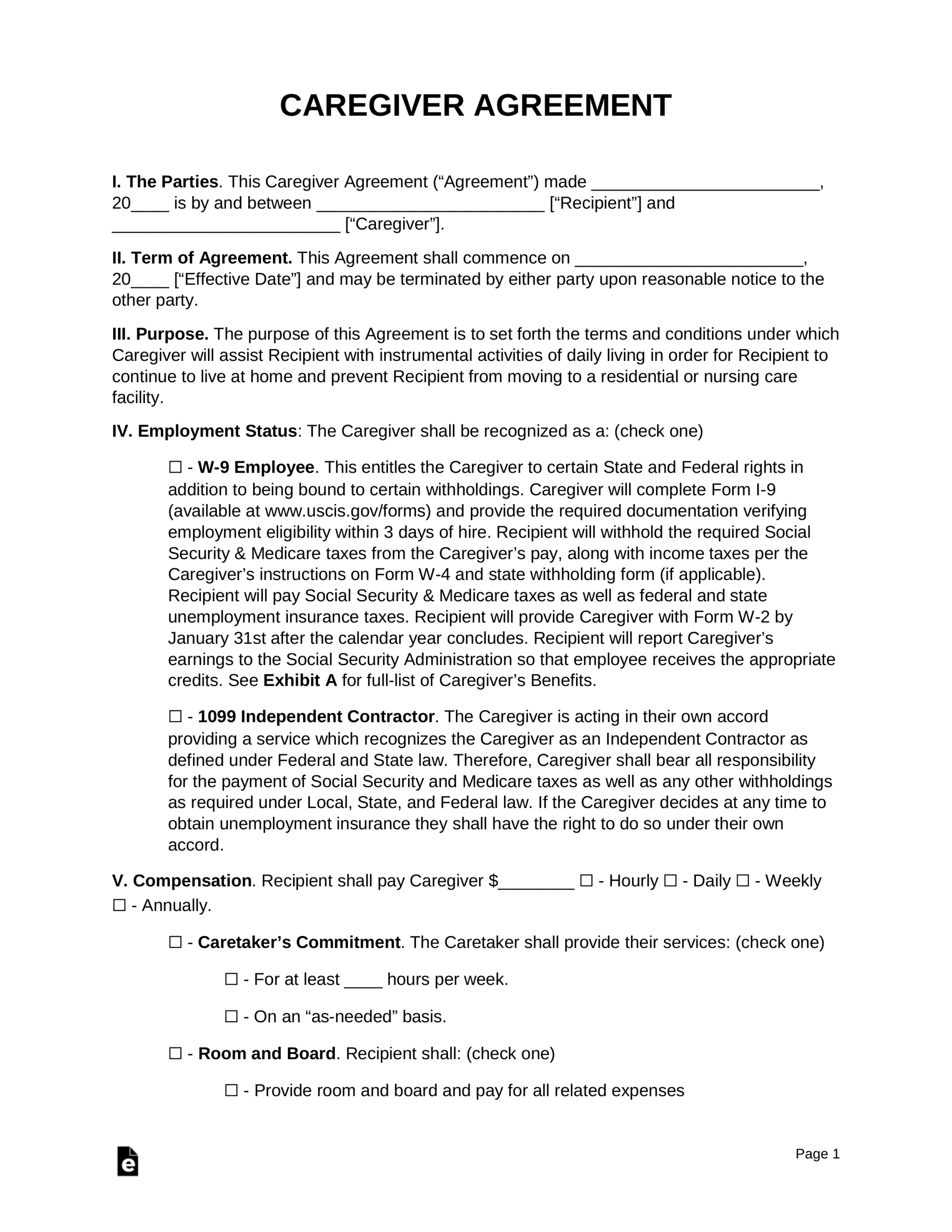 Free Caregiver Agreement Template PDF Word EForms Free Caregiver Agreement Template PDF Word EForms