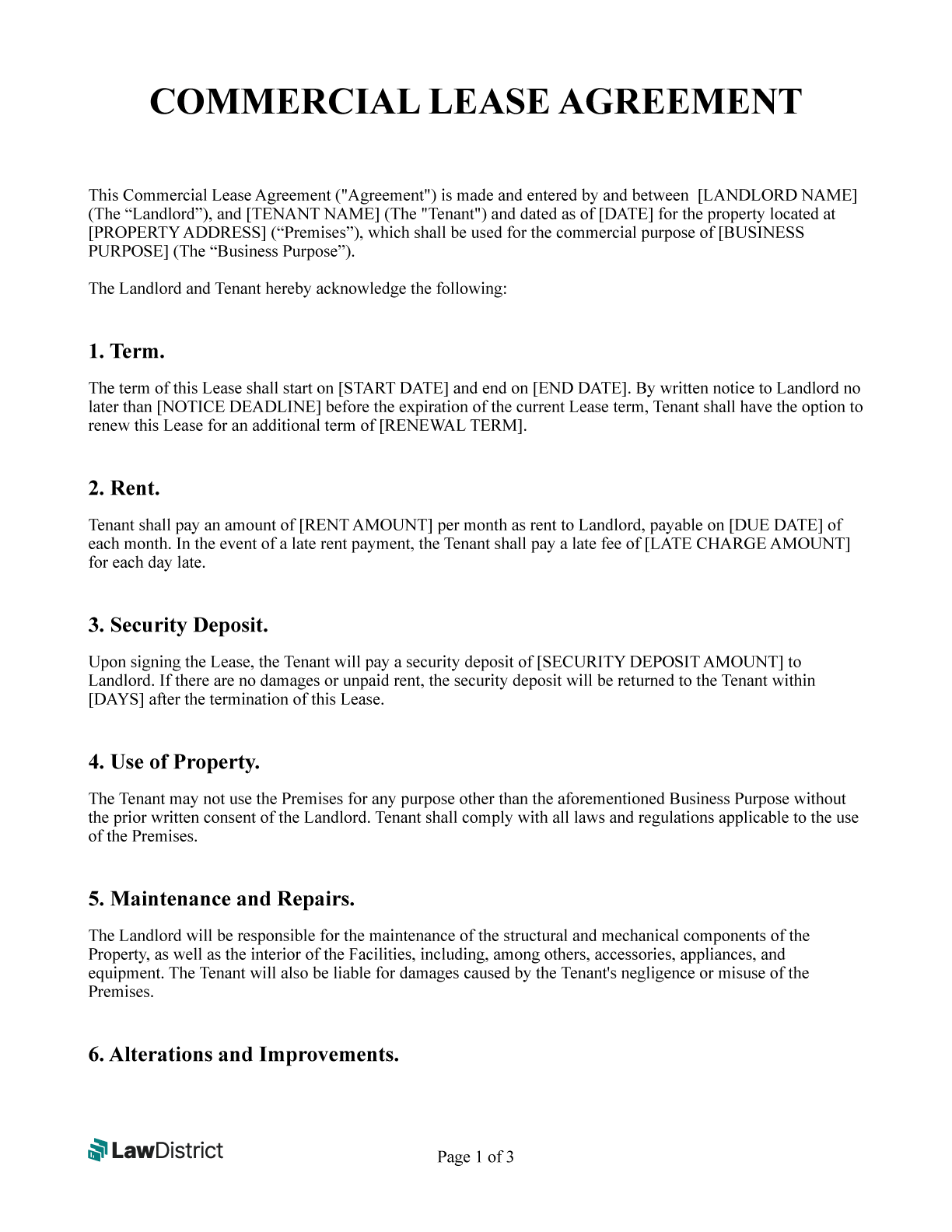 Free Commercial Lease Agreement Template PDF LawDistrict