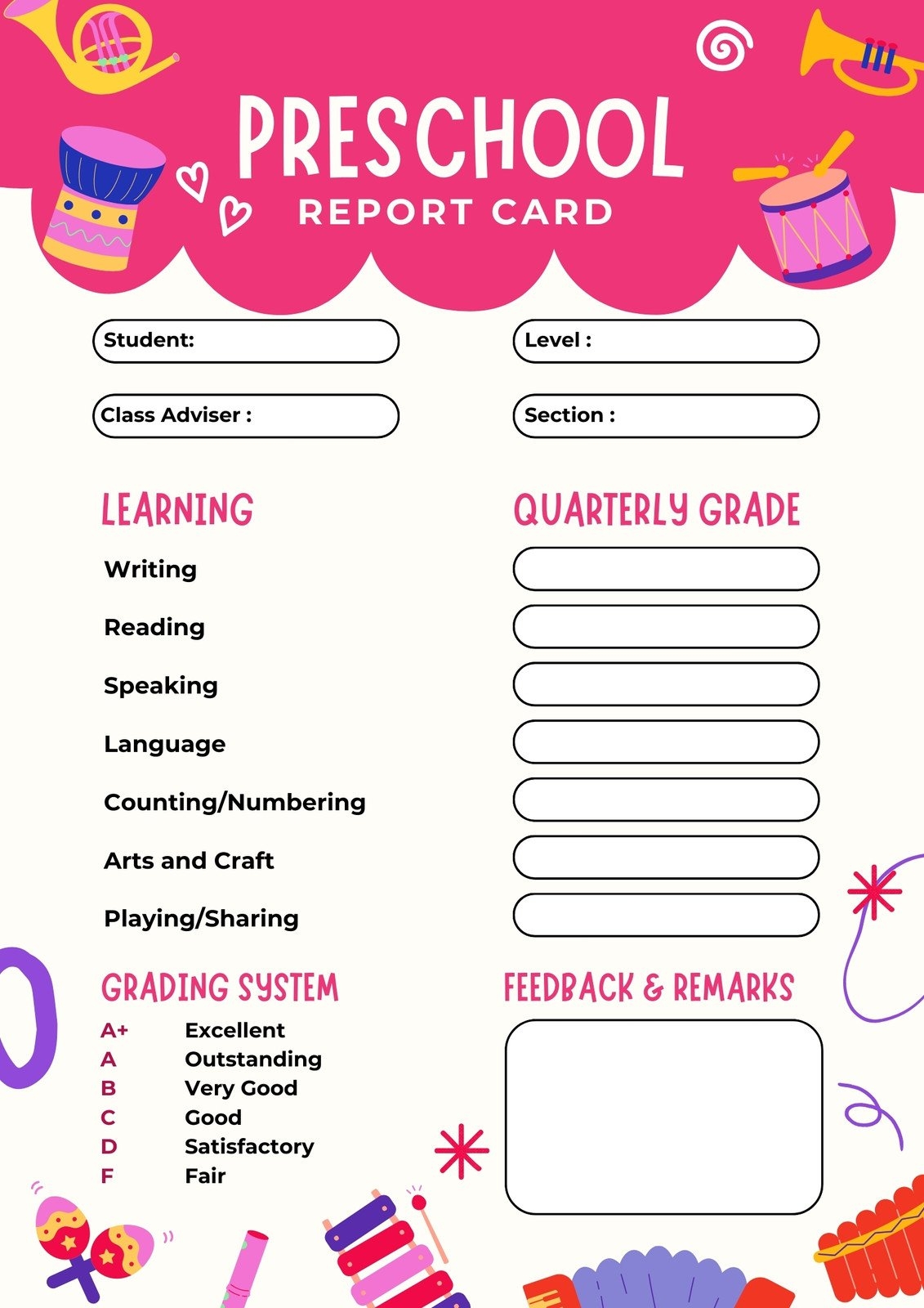 Free Custom Printable Preschool Report Card Templates Canva