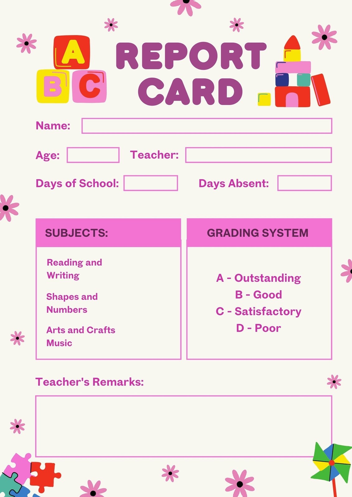 Free Custom Printable Preschool Report Card Templates Canva