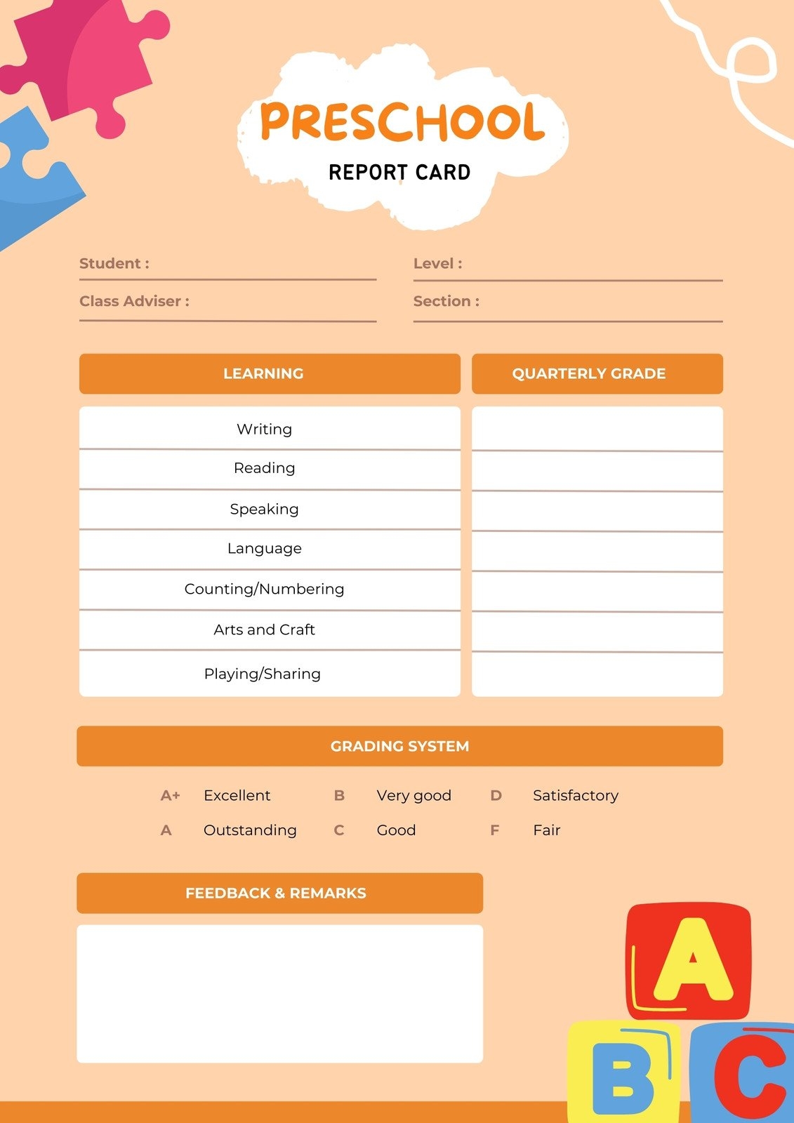Free Custom Printable Preschool Report Card Templates Canva