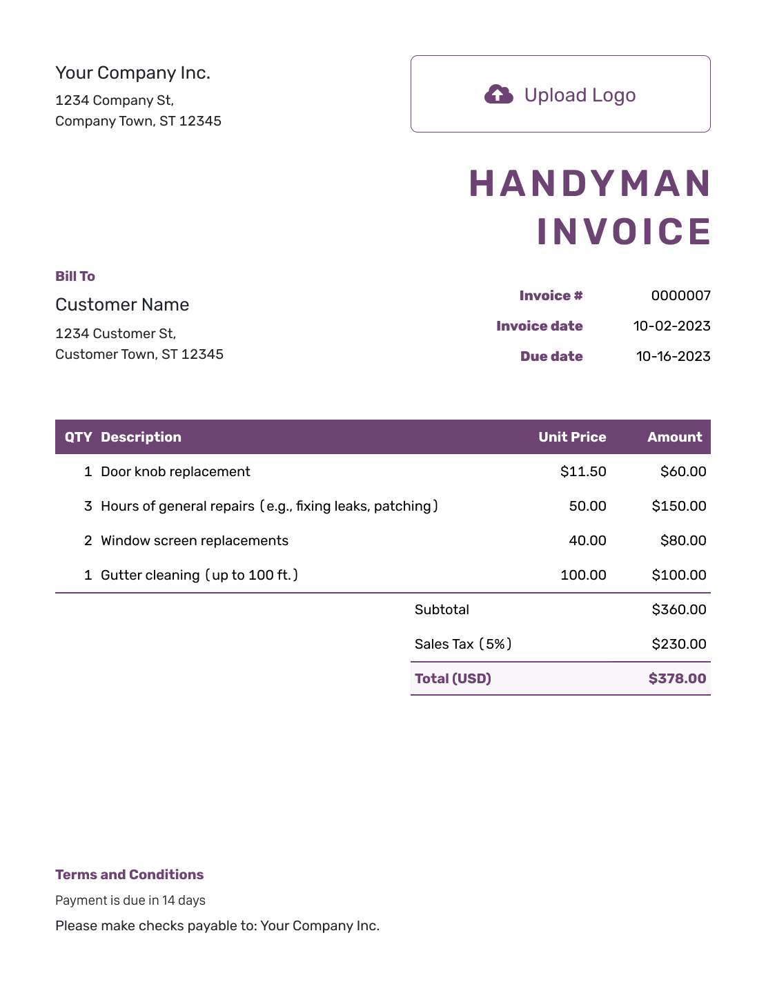Free Printable Home Repair Receipt Template