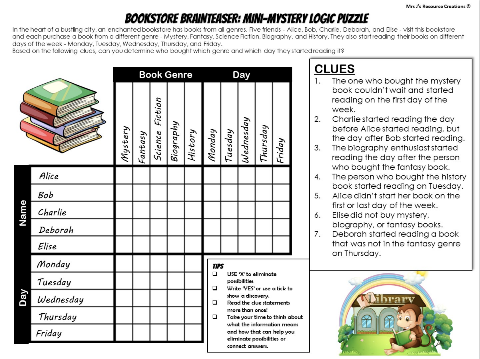 Free Mystery Logic Puzzle For Book Week Top Rated Teaching  Free Mystery Logic Puzzle For Book Week Top Rated Teaching
