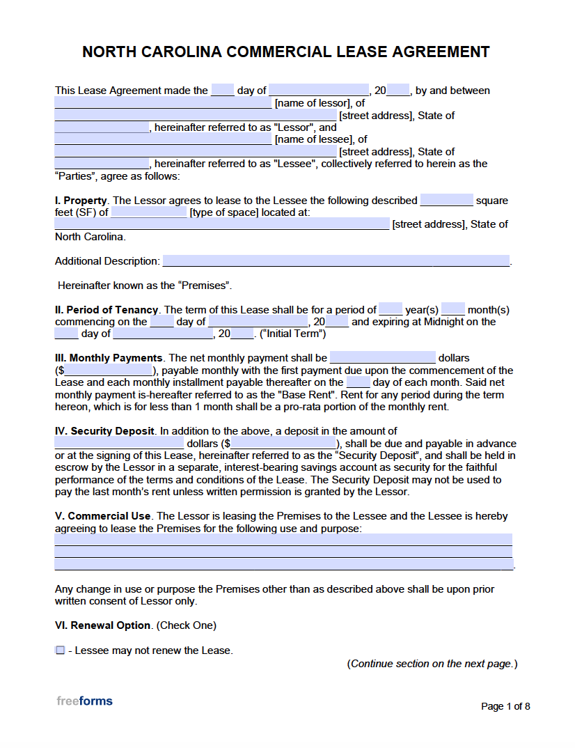 Free North Carolina Commercial Lease Agreement Template PDF Word