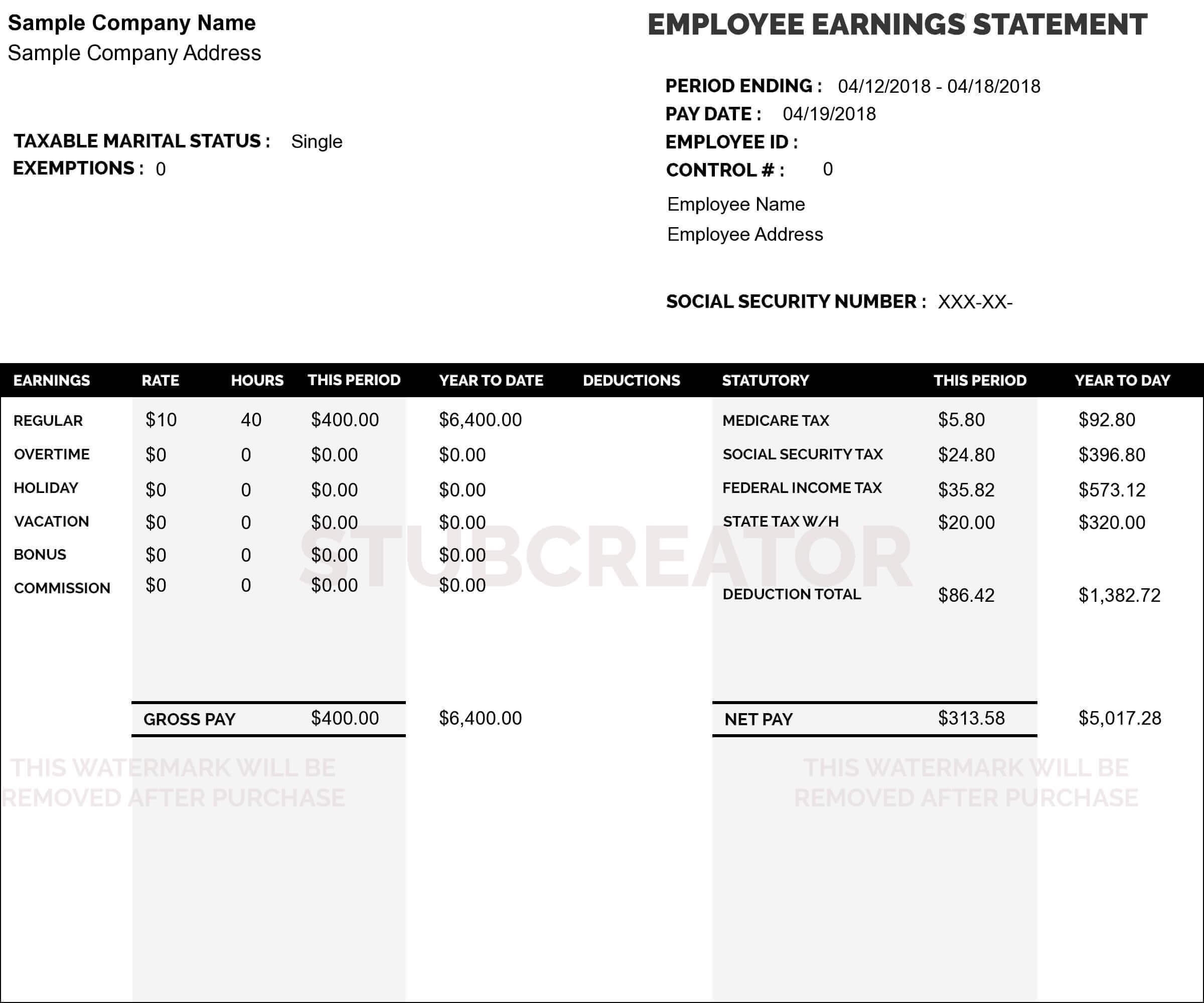 Free Pay Stub Template With Calculator No Watermark Download Sample