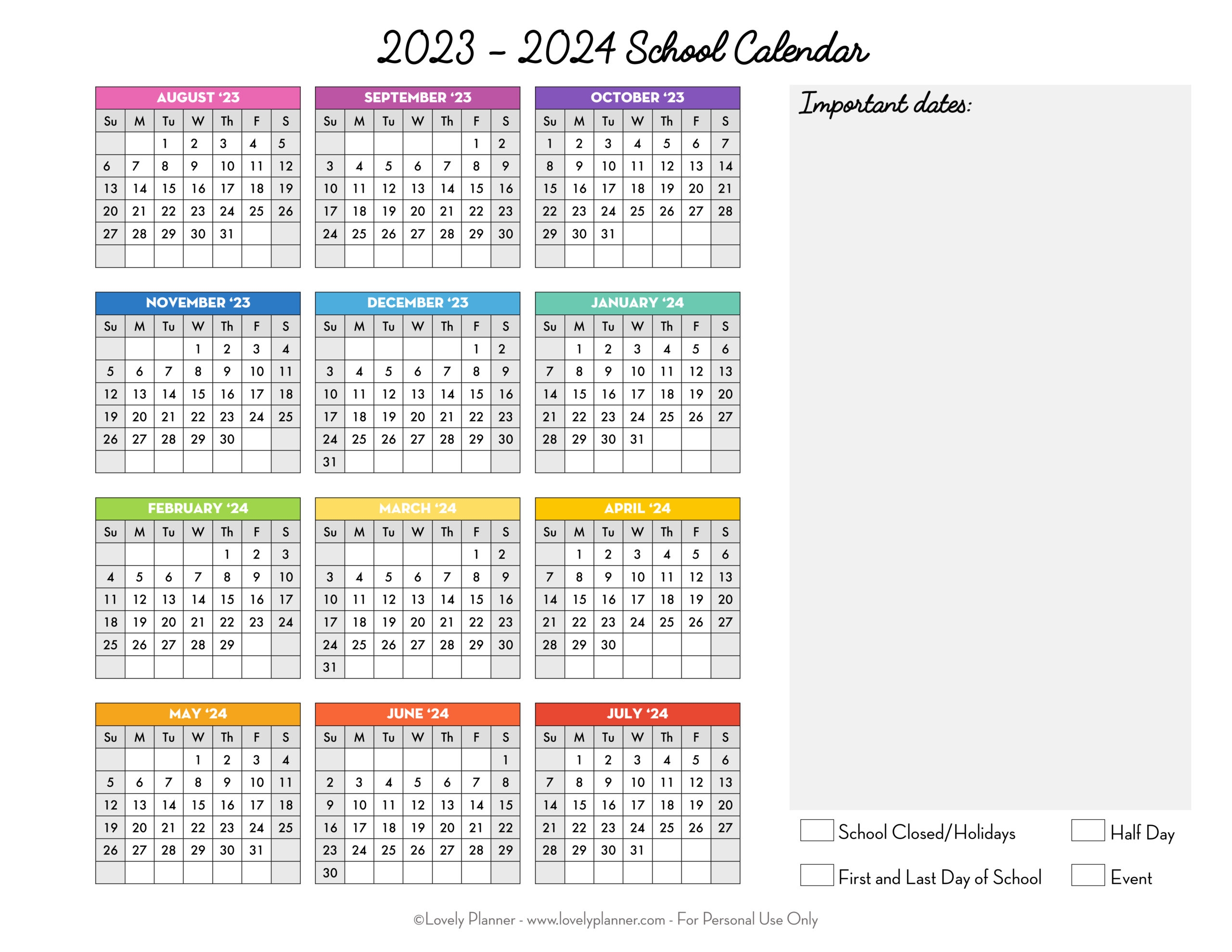Free Printable 2023 2024 School Calendar One Page Academic Calendar Lovely Planner