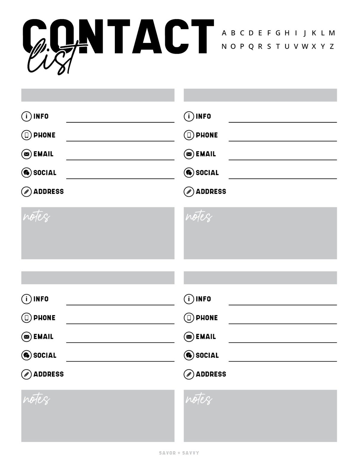 Free Printable Contact List Templates Savor Savvy