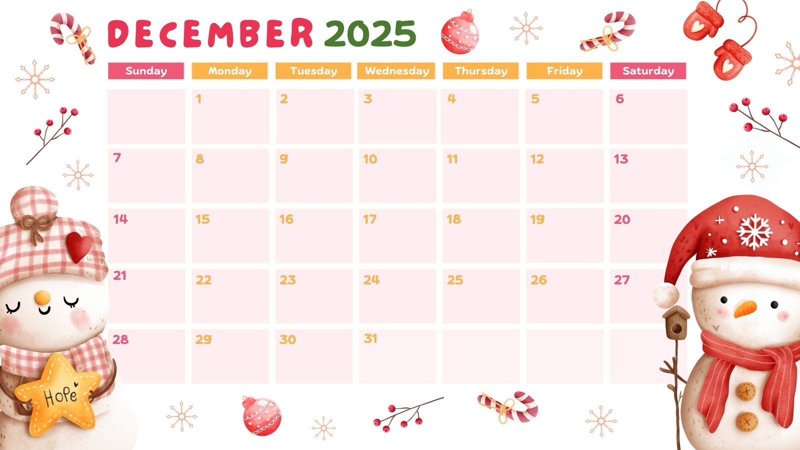 Free Printable December 2025 Calendar Templates Canva