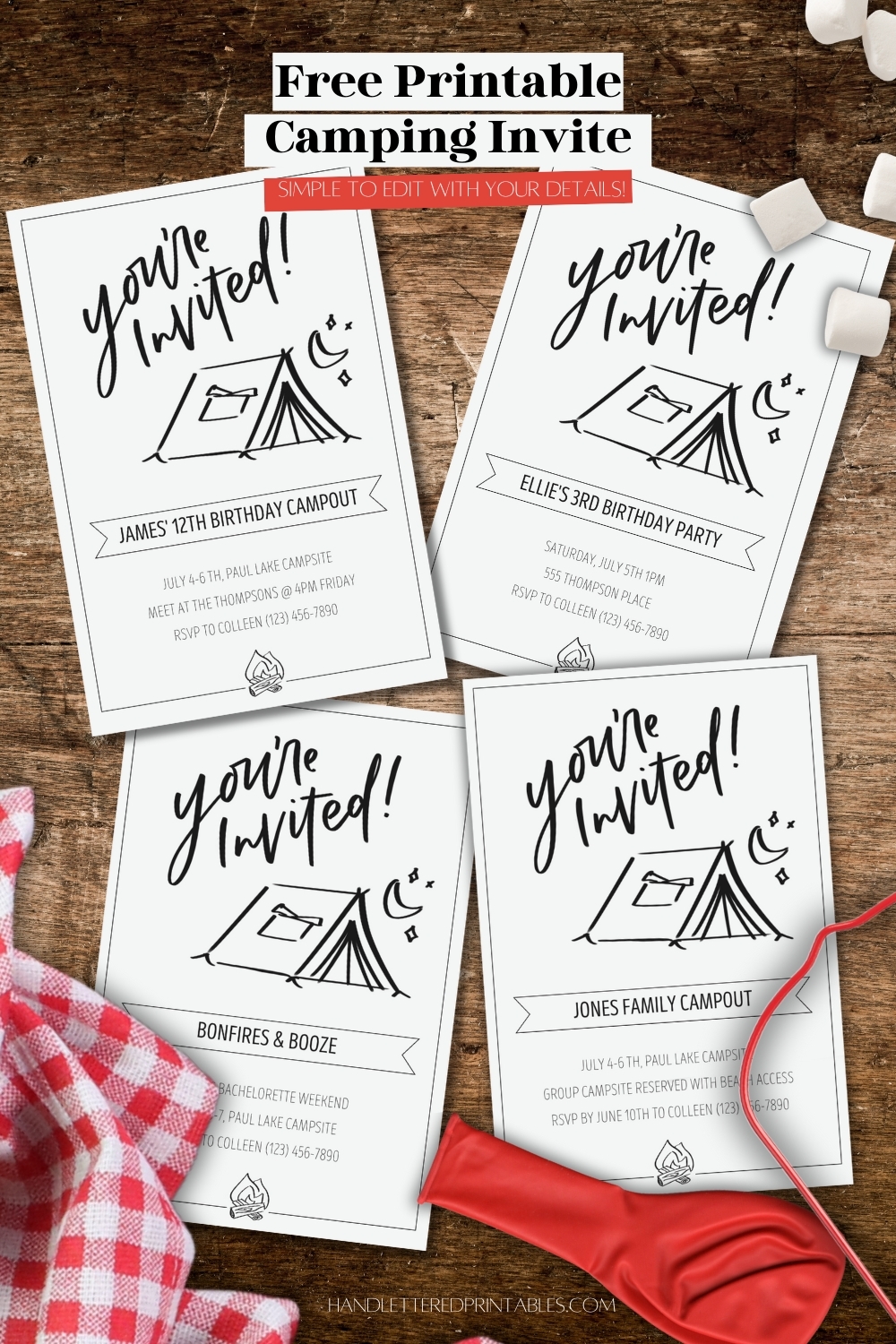 Free Printable Hand Lettered Invitation For A Camping Party 
