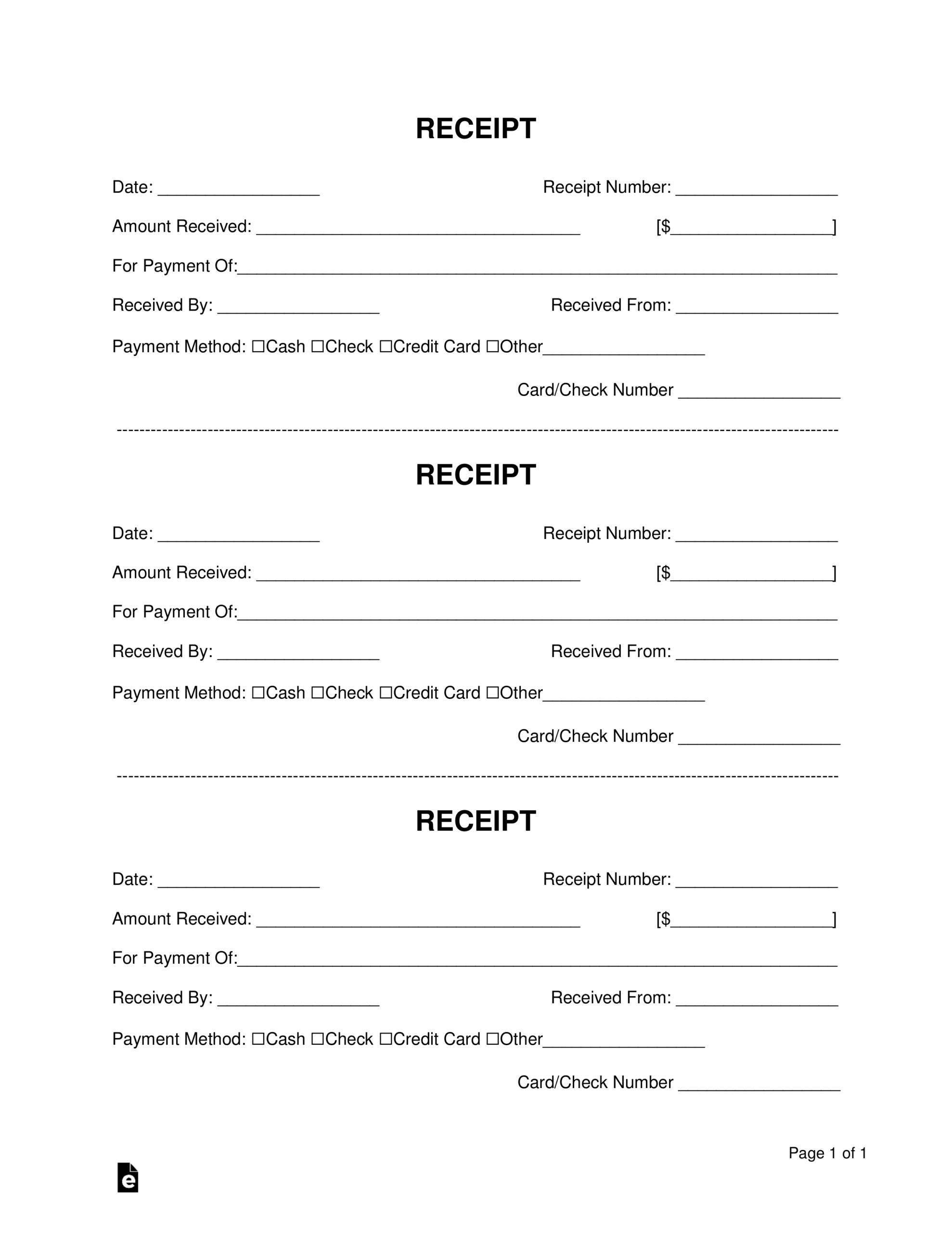 Free Receipt Book Templates Print 3 Receipts Per Page PDF Word EForms