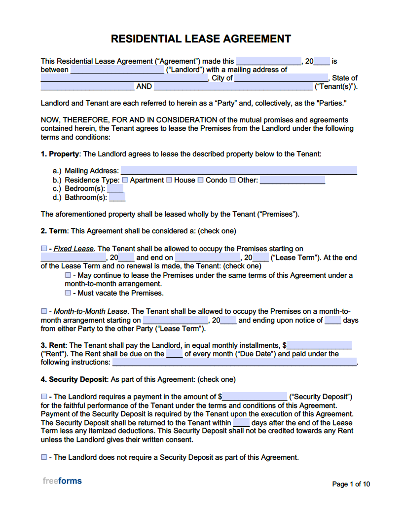 Simple Lease Agreement Template Free Printable