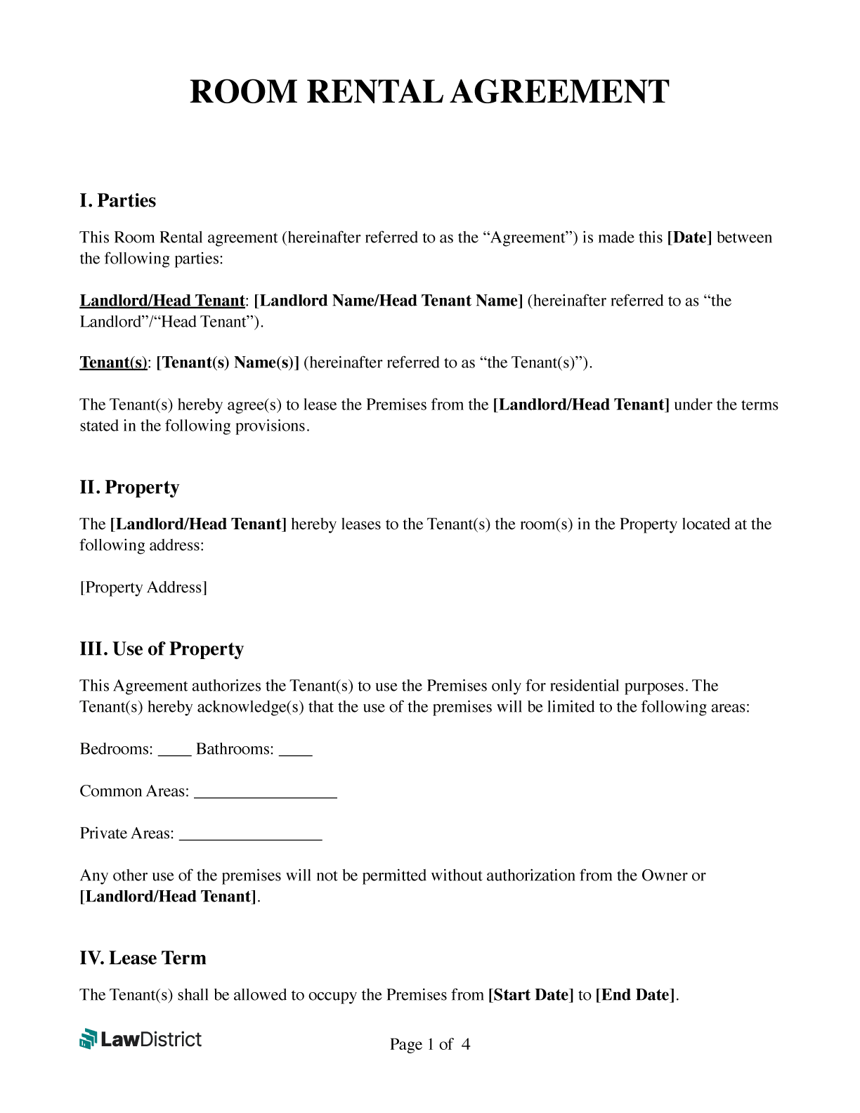 Free Printable Basic Room Rental Agreement