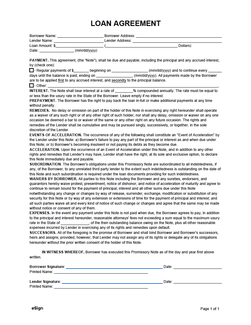 Free Simple 1 Page Loan Agreement Template PDF Word Free Simple 1 Page Loan Agreement Template PDF Word