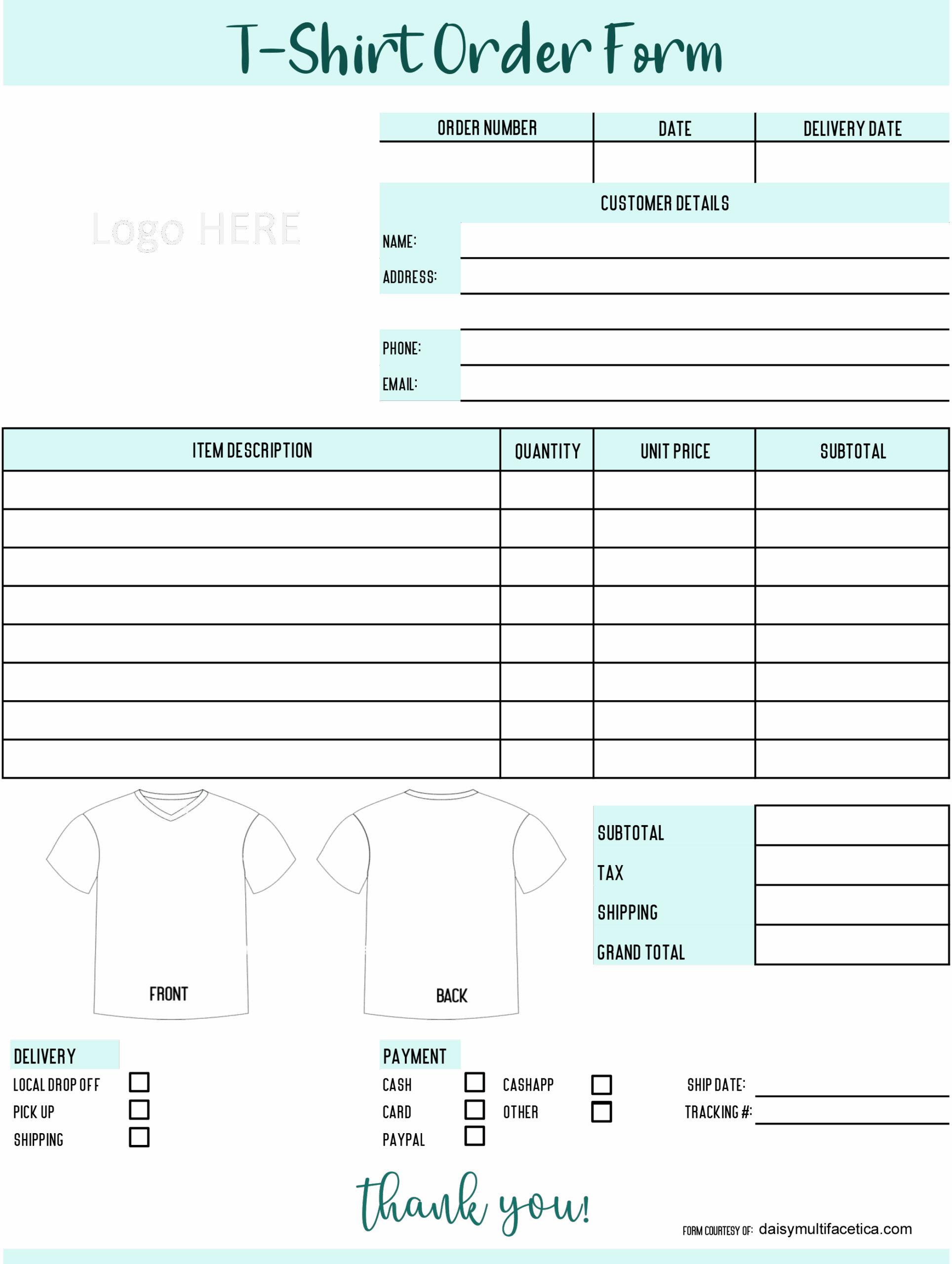 FREE T Shirt Order Form TEMPLATES In PNG To Customize Daisy 