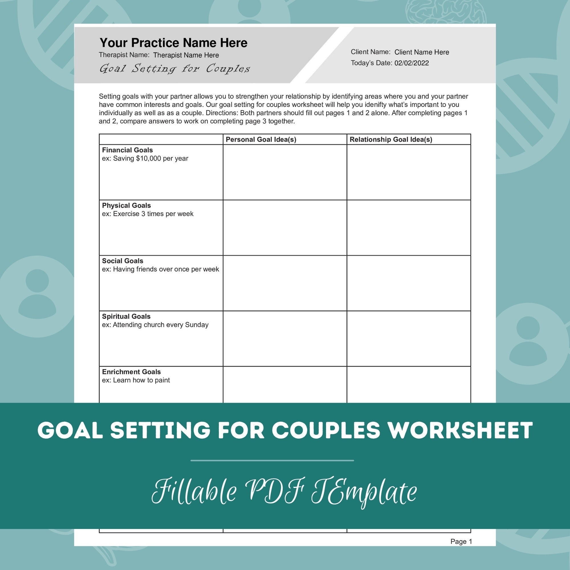 Goal Setting For Couples Worksheet Editable Fillable PDF Template For Counselors Psychologists Social Workers Therapists Etsy
