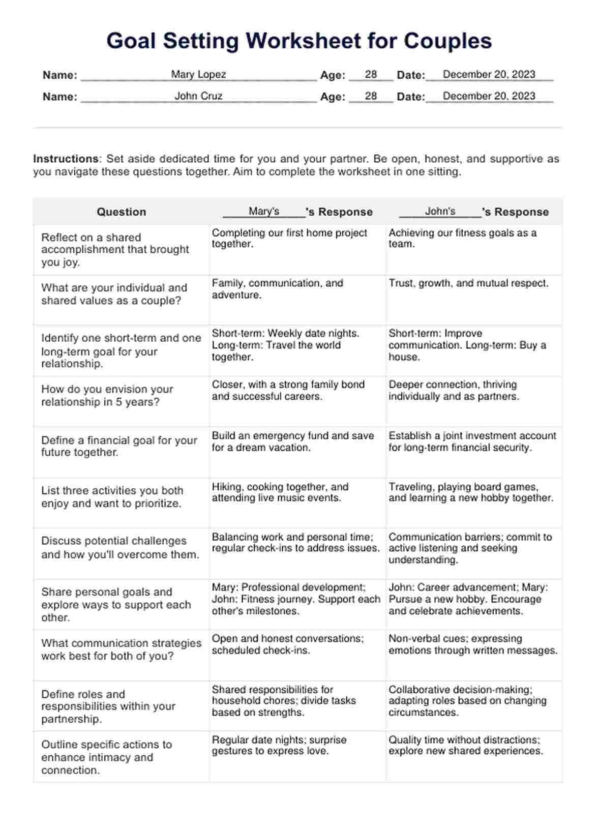 Goal Setting For Couples Worksheet U0026 Example Free PDF Download