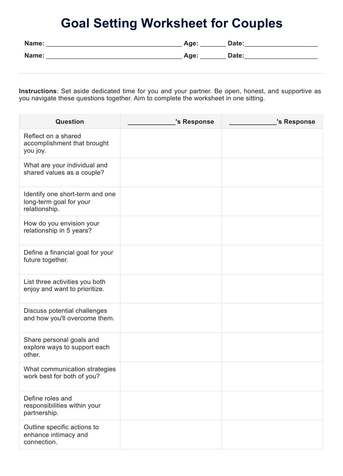 Goal Setting For Couples Worksheet U0026 Example Free PDF Download