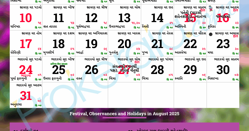Gujarati Calendar August 2025 Vikram Samvat 2081 Shravana Bhadarvo