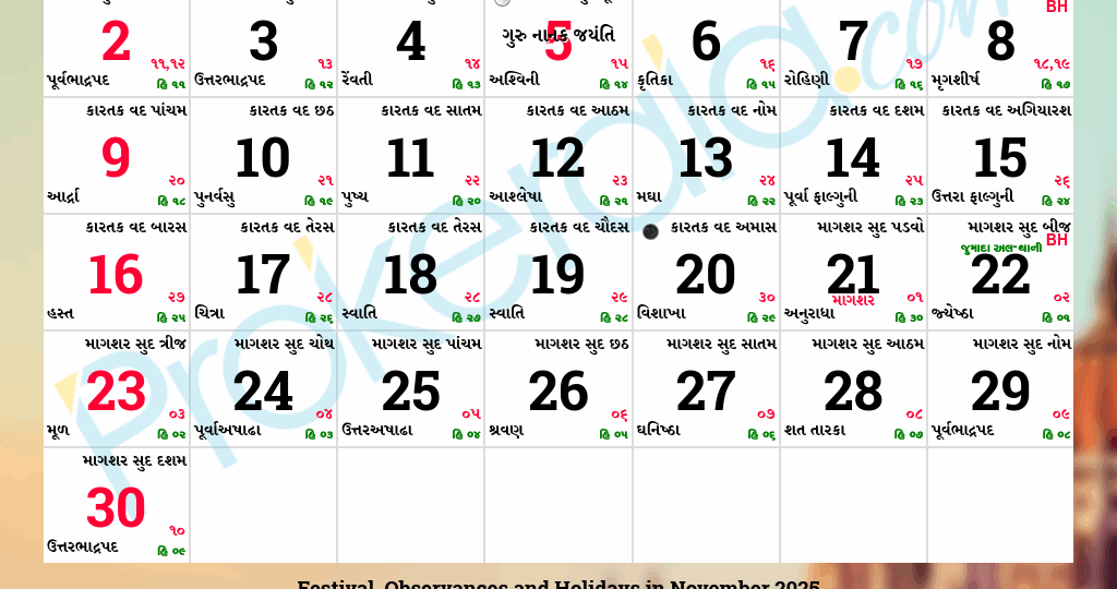 Gujarati Calendar November 2025 Vikram Samvat 2082 Kartak Magshar
