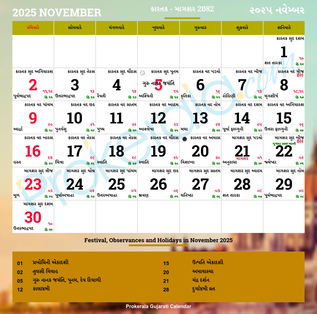 Gujarati Calendar November 2025 Vikram Samvat 2082 Kartak Magshar
