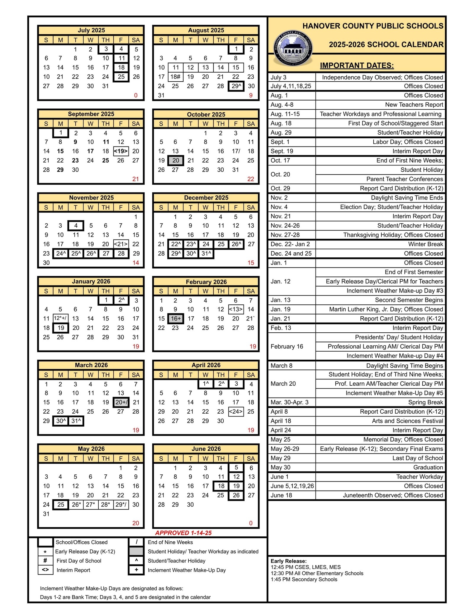 Hanover County Public Schools Calendar 25 26 Revised PDF EduCounty