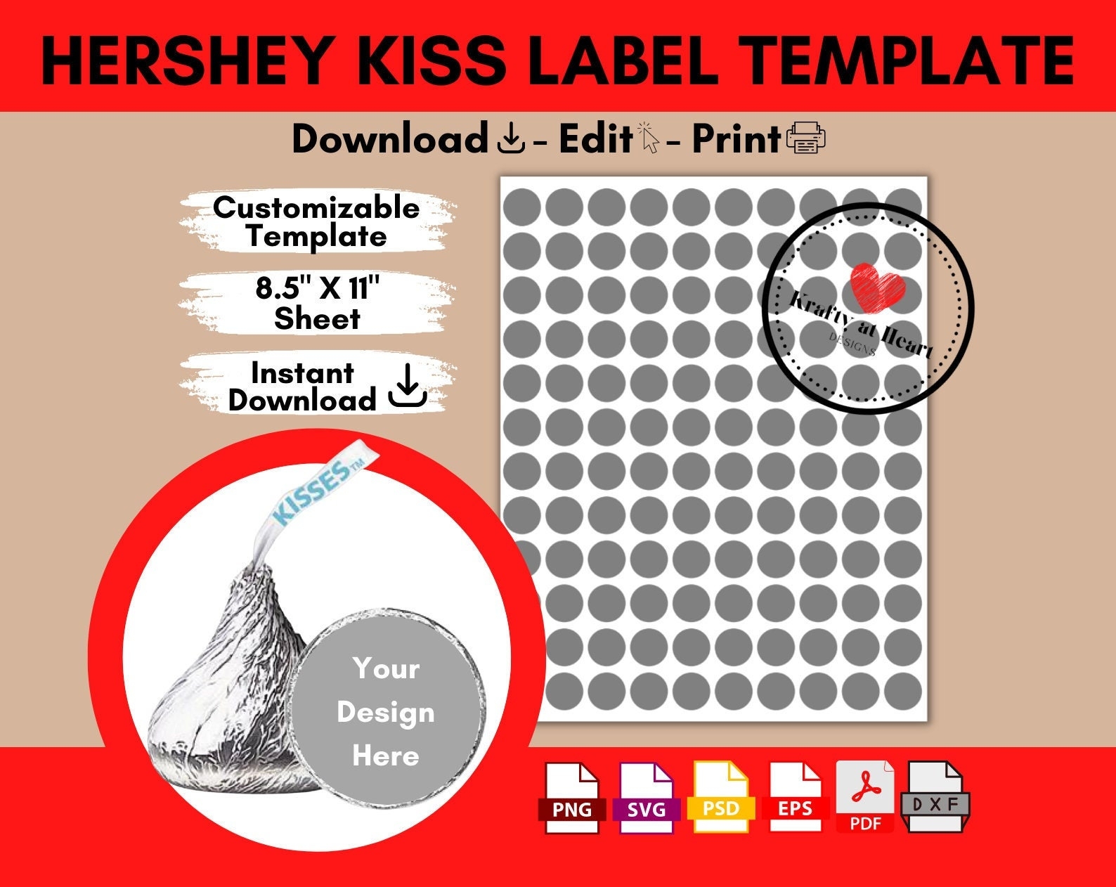 Hershey Kiss Label Template Svg Png Psd Dxf Eps Pdf Canva Editable Printable Customizable DIY 8 5 X11 Etsy