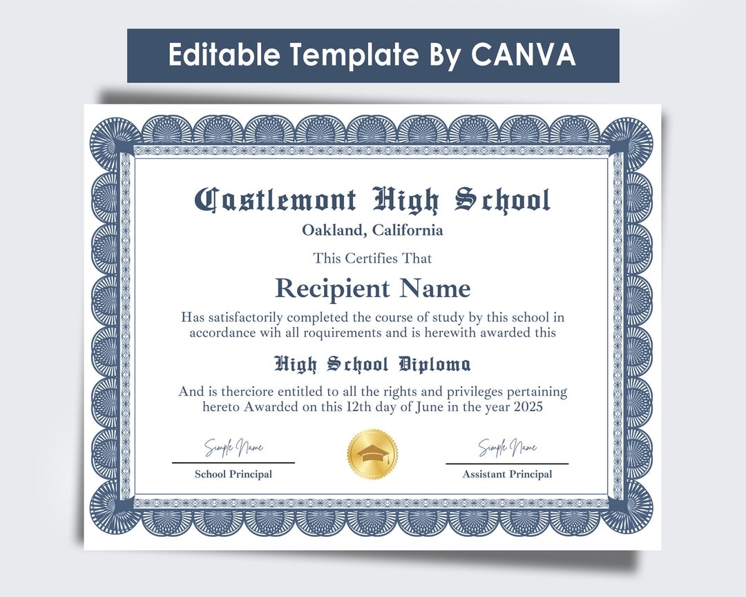 High School Diploma Diploma Template Canva Editable Homeschool Diploma Graduation Diploma Template Printable Fake High School Diploma Etsy