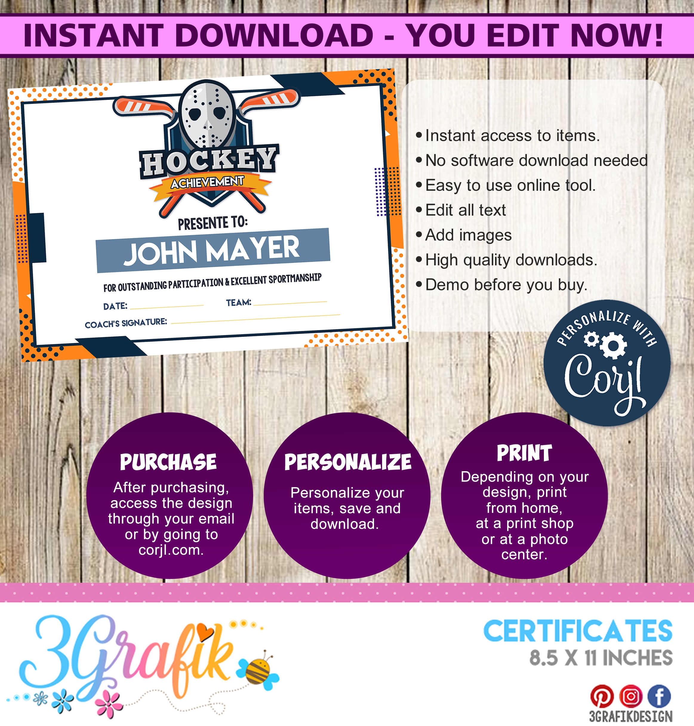 Hockey Digital Template Certificate 3Grafik