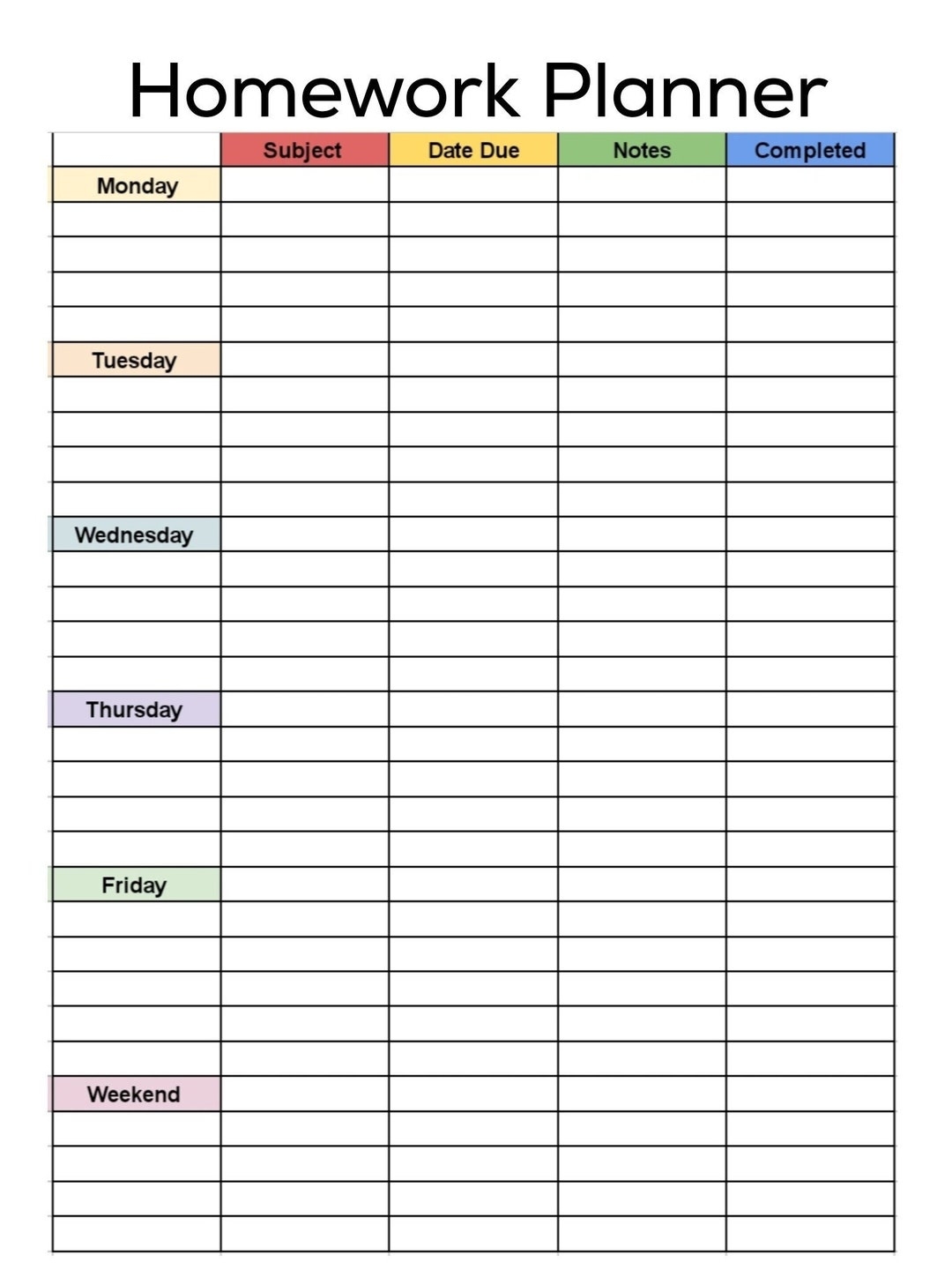 Free Printable Homework Planner