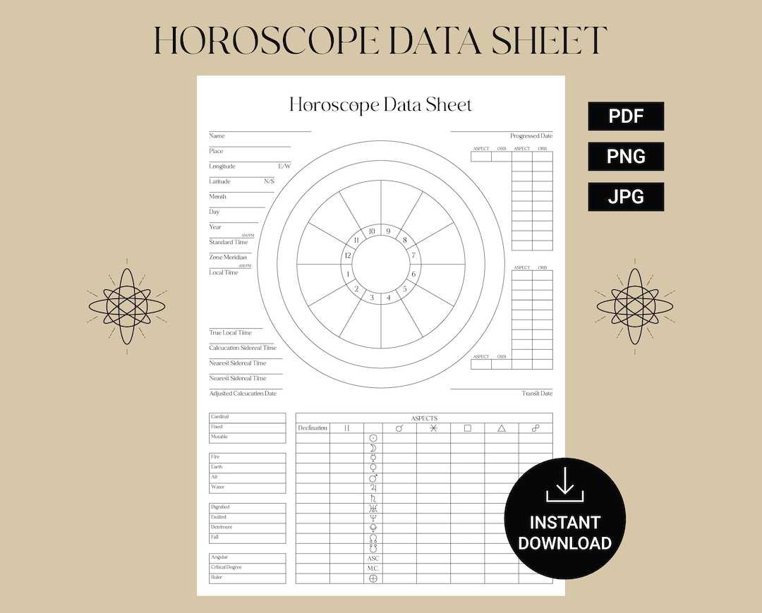 Horoscope Data Sheet PDF Wheel Birth Astrology Chart PDF Printable Birth Chart Astrology Chart Astrology And Horoscopes Natal Chart Etsy