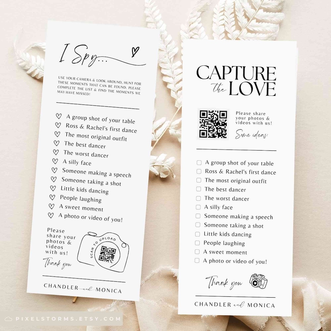 I Spy Wedding Game Capture The Love Photo Scavenger Hunt Wedding Game Card CHECKLIST PDF Download Canva Camera QR Code Template SA01 Etsy