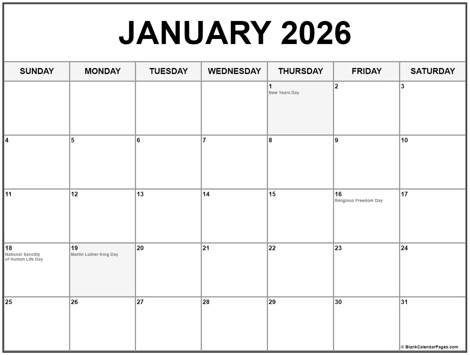 January 2026 With Holidays Calendar January 2026 With Holidays Calendar