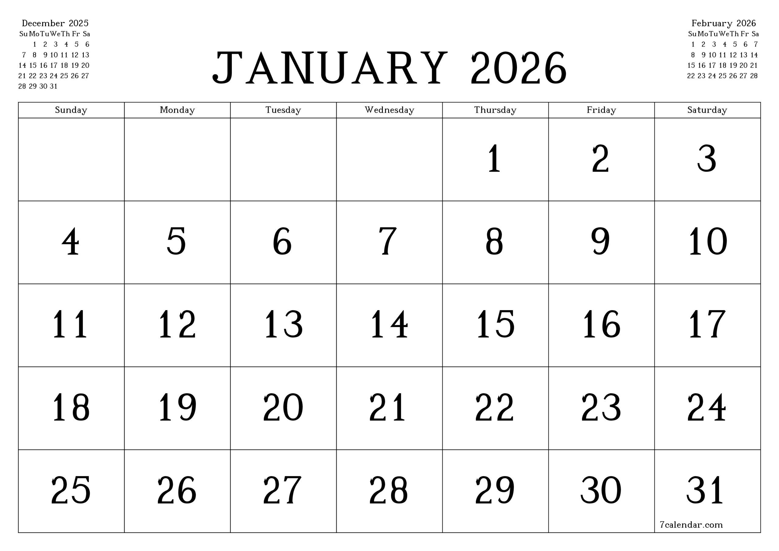 January Calendar 2026 Printable Template 7calendar January Calendar 2026 Printable Template 7calendar