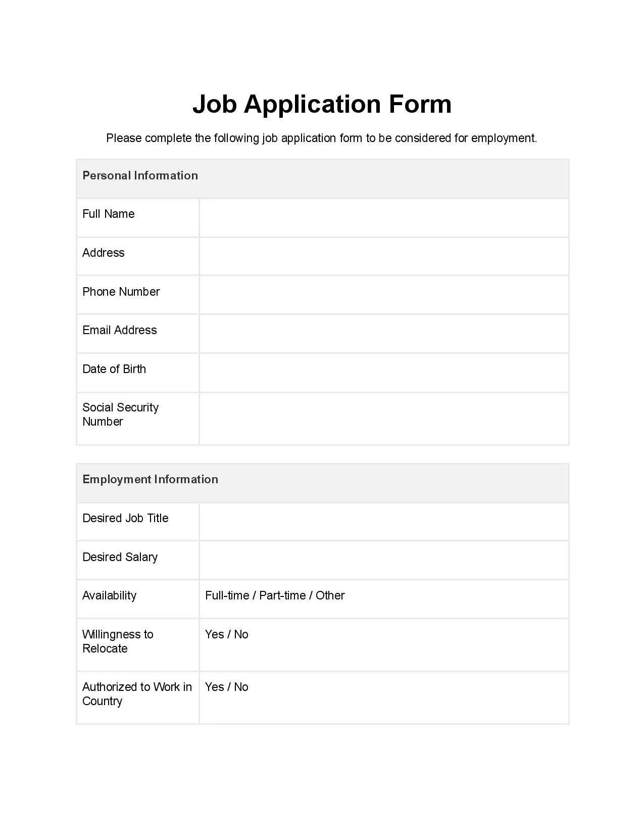 Job Application Form Template Free Download Easy Legal Docs Job Application Form Template Free Download Easy Legal Docs