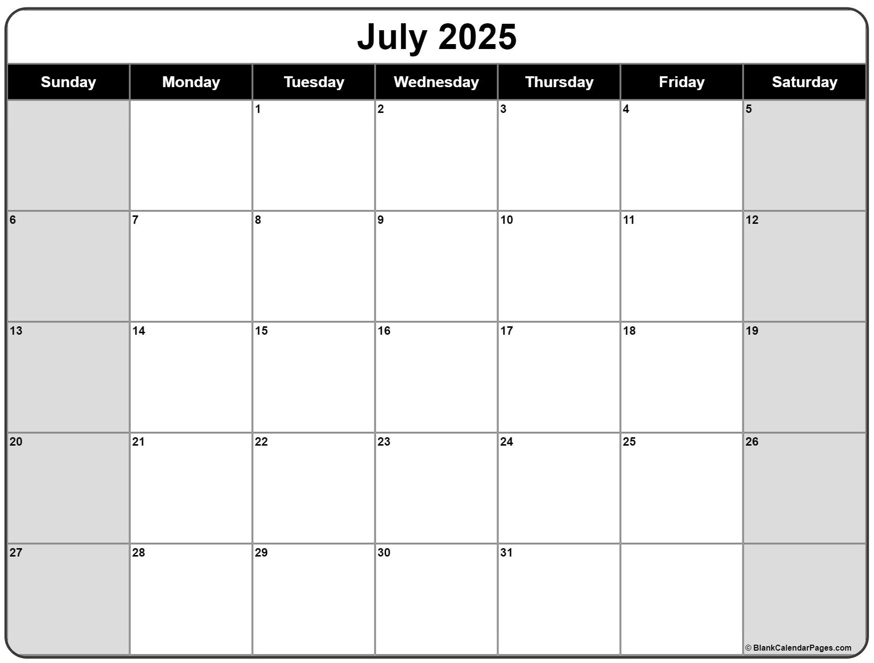 Black Calendar July 2025 Black Calendar July 2025