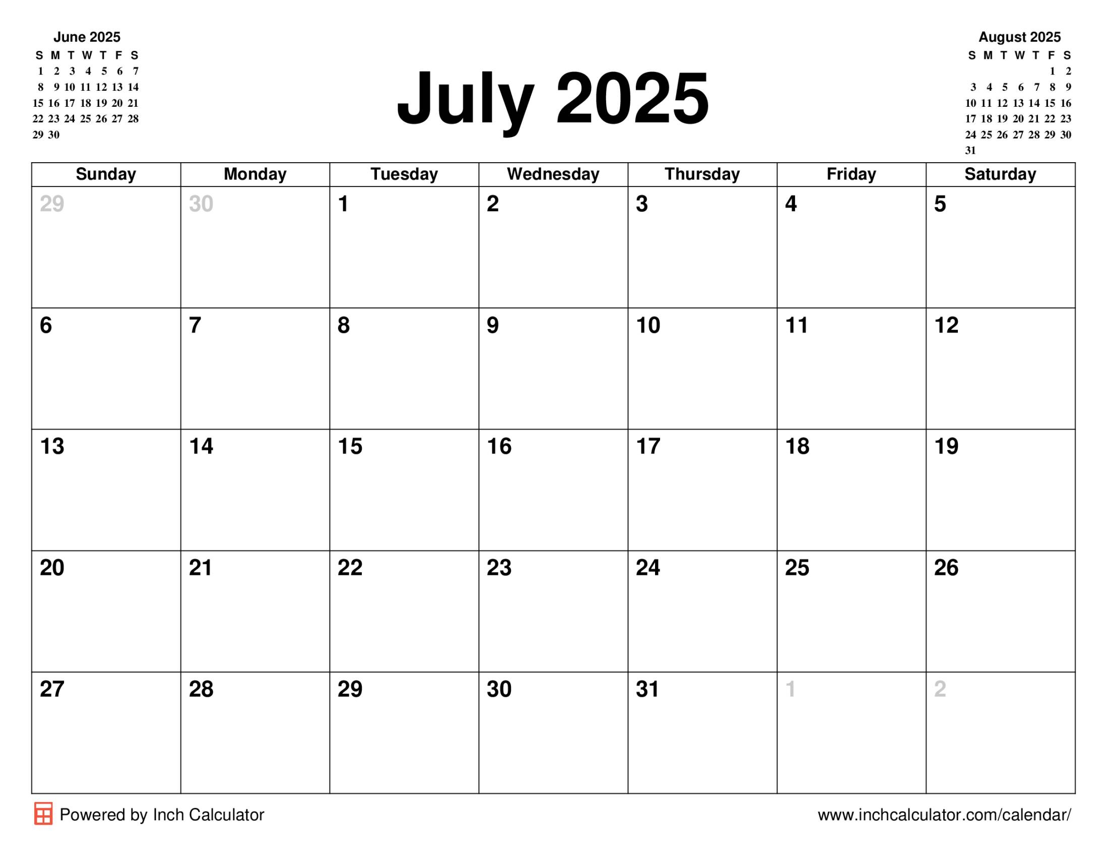 July 2025 Calendar Inch Calculator