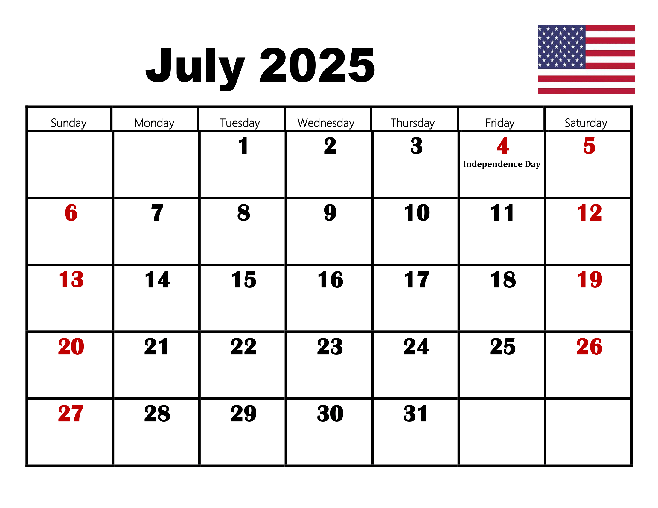 July 2025 Calendar Printable PDF Template With Holidays July 2025 Calendar Printable PDF Template With Holidays