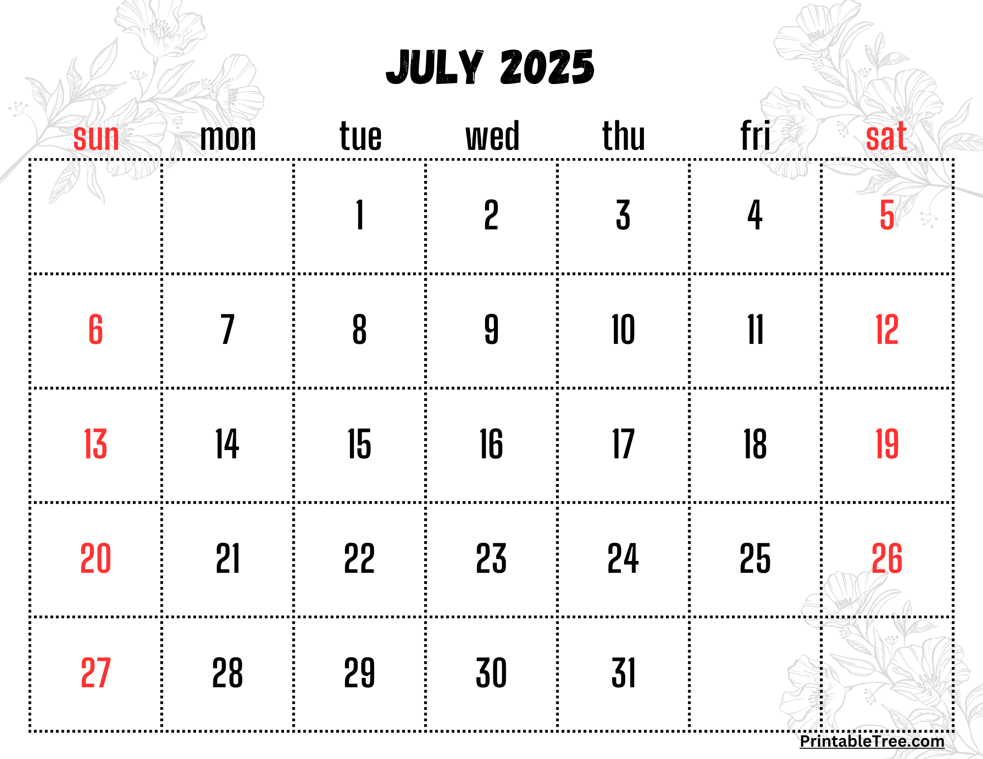 July 2025 Calendar Printable PDF Template With Holidays July 2025 Calendar Printable PDF Template With Holidays