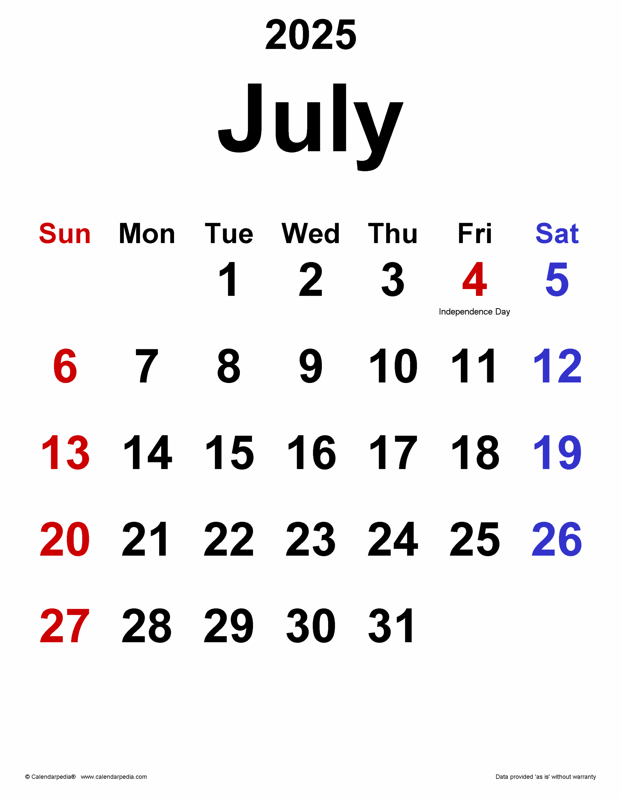 Calendar Days In July 2025