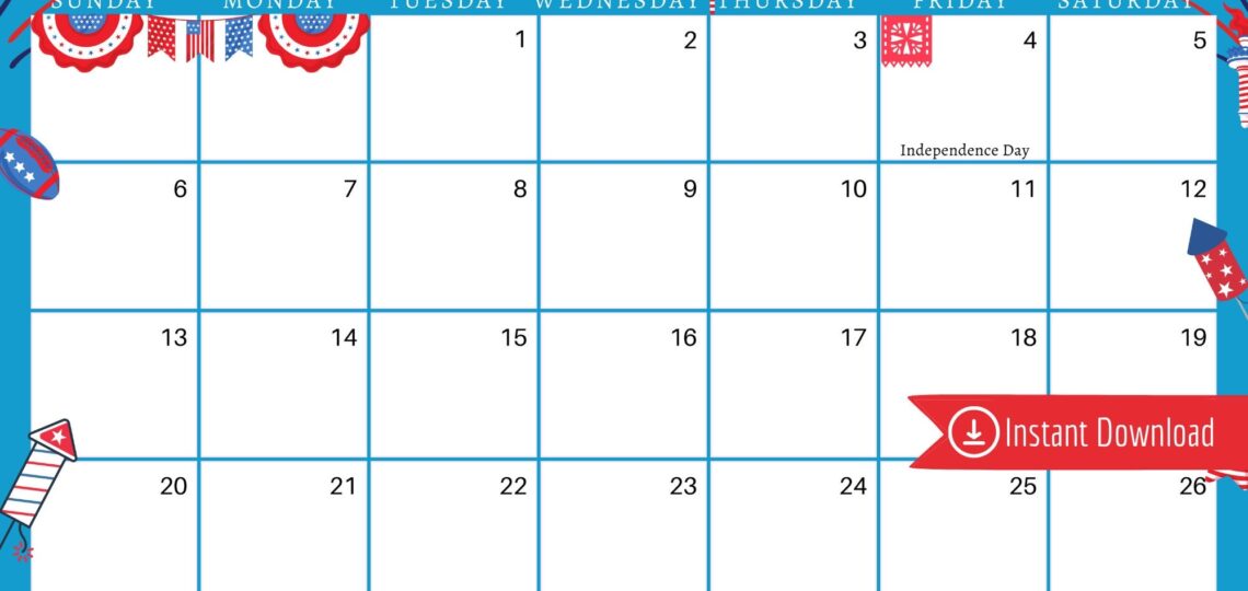 July 2025 Digital Calendar Blue 4th Of July Planner Editable Fillable Printable Calendar For Planning PDF PNG And JPG Download Etsy