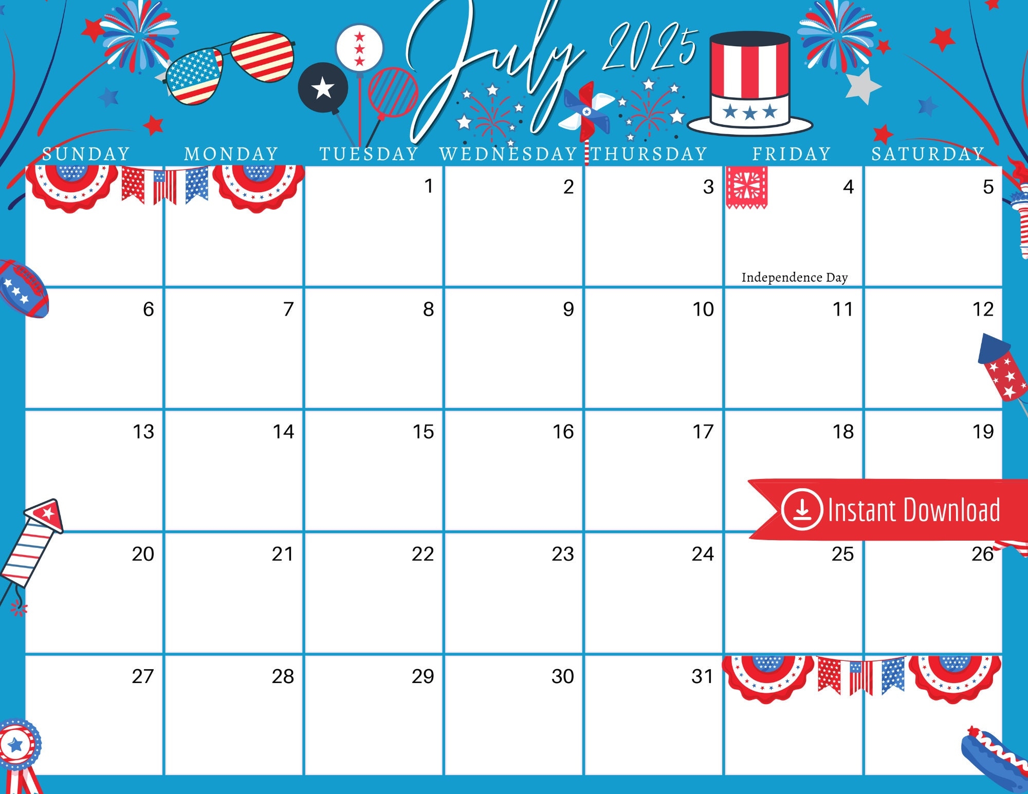 July 2025 Digital Calendar Blue 4th Of July Planner Editable Fillable Printable Calendar For Planning PDF PNG And JPG Download Etsy
