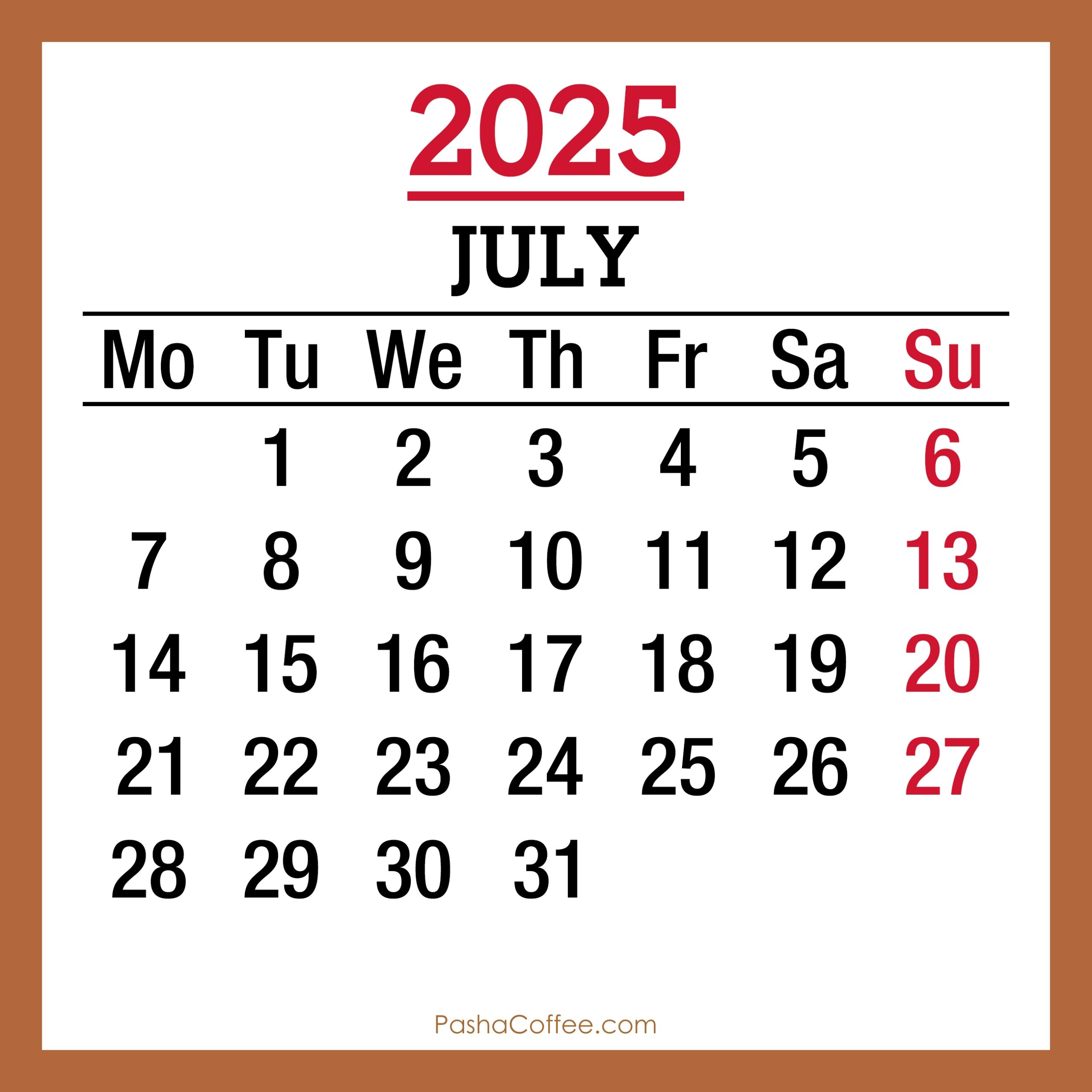 Bir Calendar July 2025